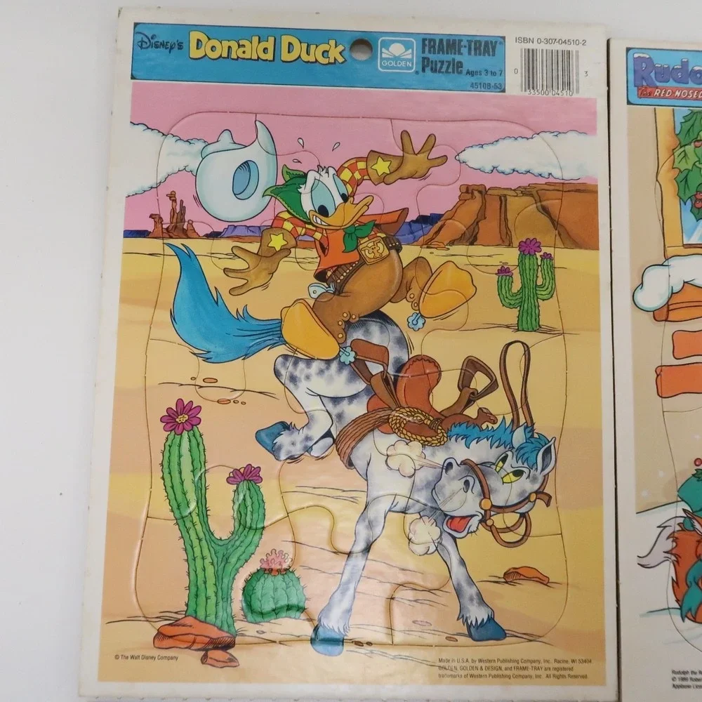 Vintage Golden Frame Cardboard Tray Puzzle Rudolph Taz Mania Tweety Donald Duck